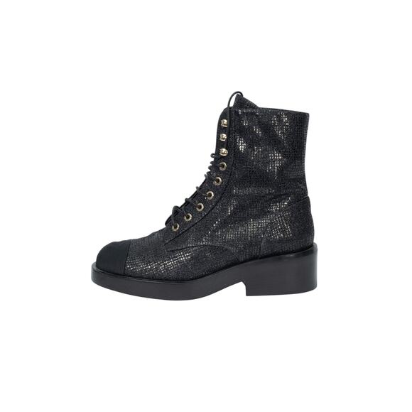 CHANEL Black Fabric Grosgrain CC Cap Toe Combat Boots Size 38.5 US 8.5
